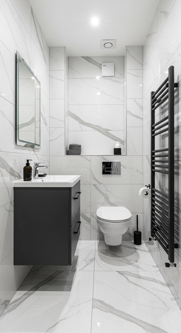 Salle de bain moderne avec carrelage marbre et meuble gris suspendu