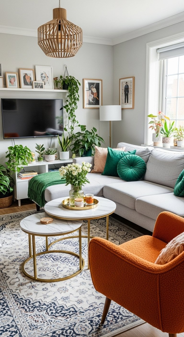 Salon gris lumineux avec fauteuil orange et beaucoup de plantes