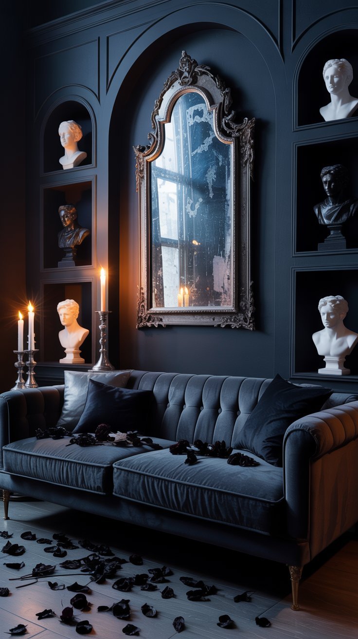Salon sombre avec un canape en velours bleu et un miroir dore antique