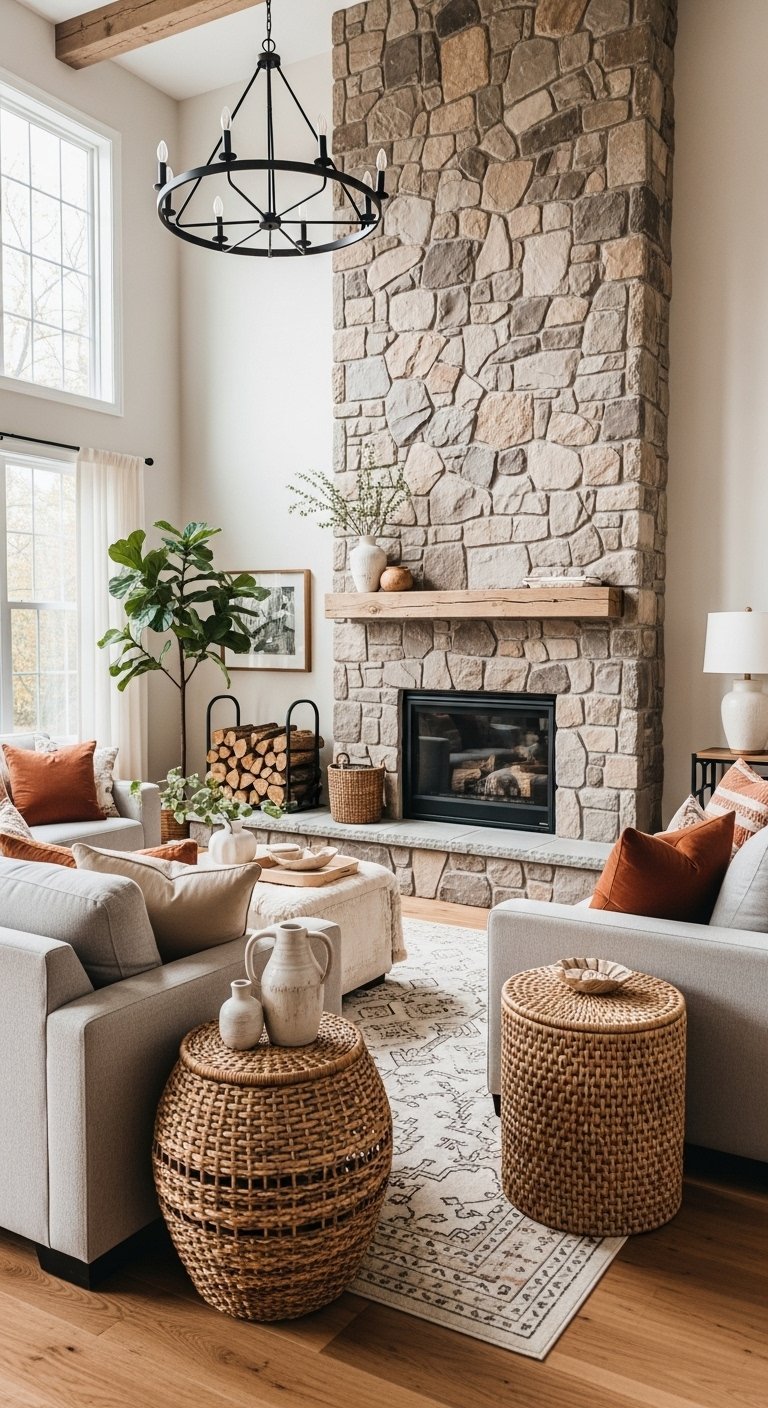 Salon style farmhouse avec cheminée en pierre et poutres en bois