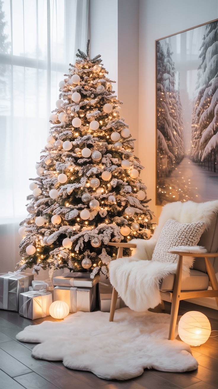 Sapin de Noël décoré en blanc à côté d un fauteuil avec une peau de mouton