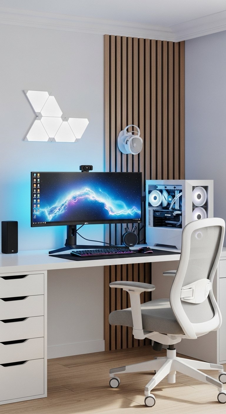 Setup gaming moderne avec mur en lattes de bois et chaise blanche