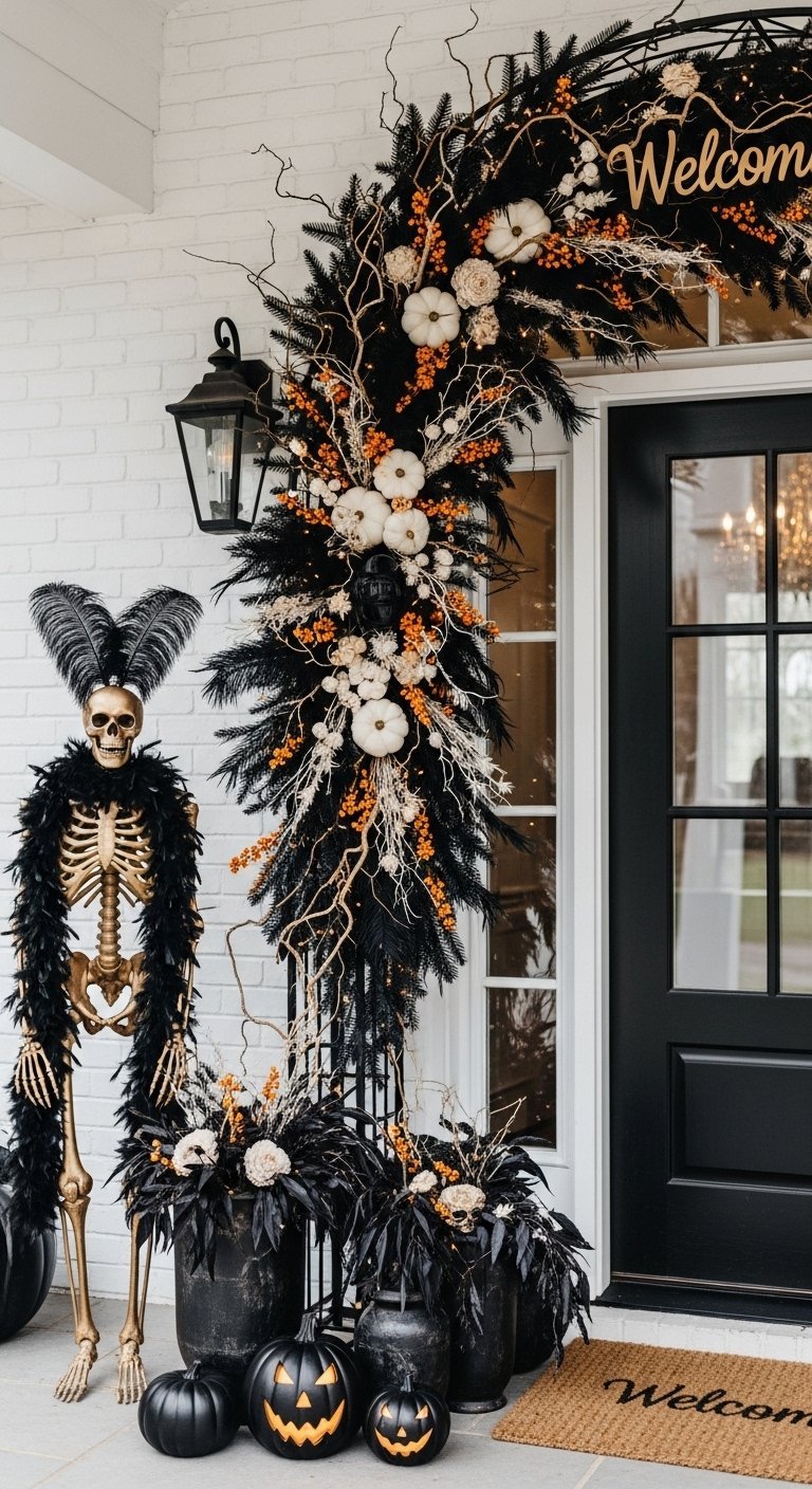 Squelette dore a plumes noires devant une porte avec une grande guirlande noire