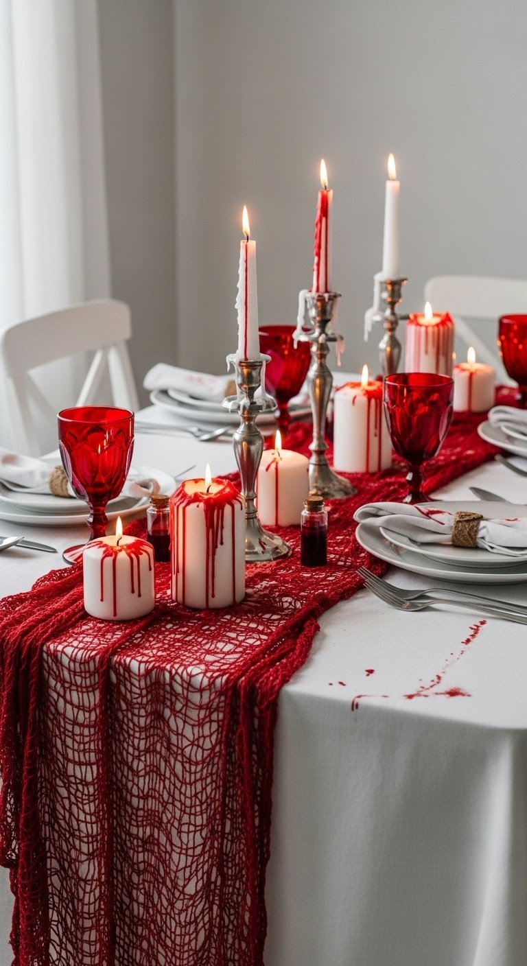 Table blanche avec chemin de table rouge et bougies qui saignent