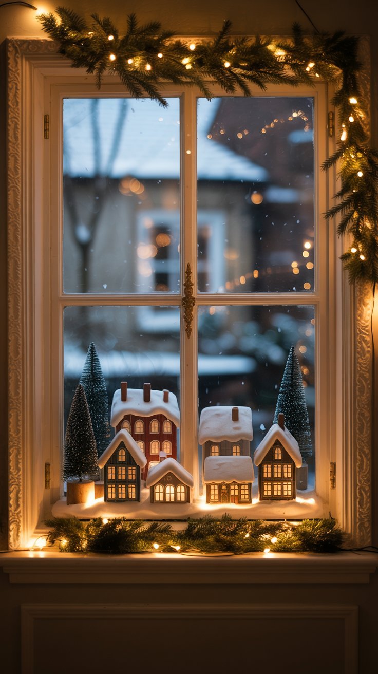 Village de noel miniature avec des maisons illuminees sur une fenetre