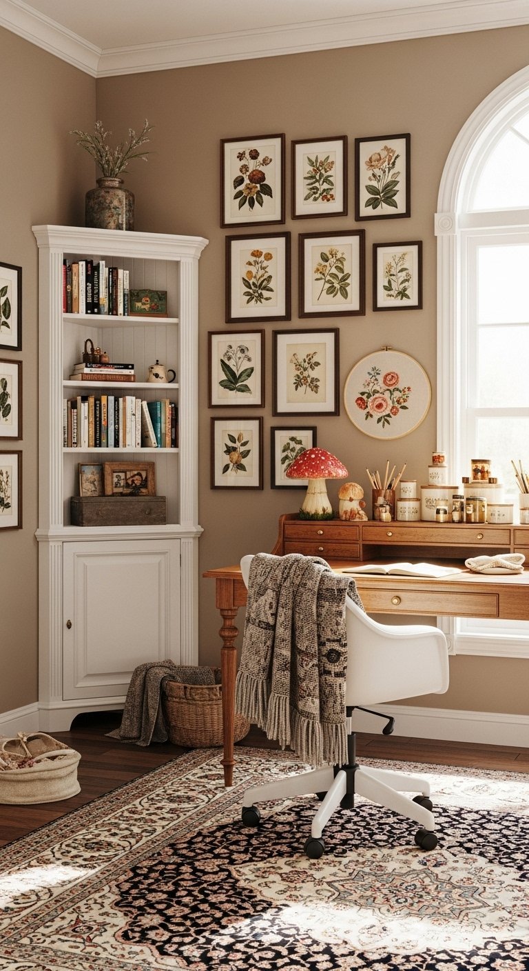 Bibliotheque dangle blanche de style cottage a cote dun bureau