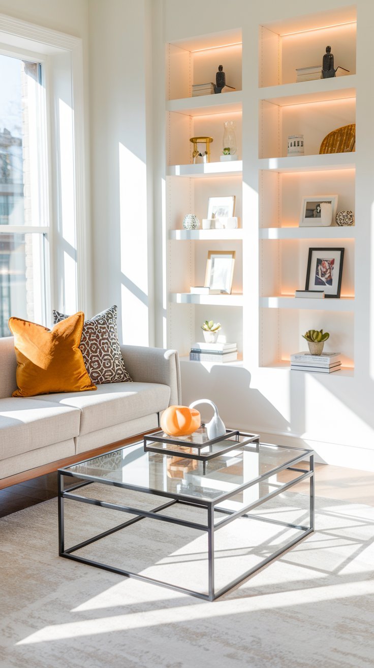 Bibliotheque integree blanche avec eclairage LED a cote d un canape