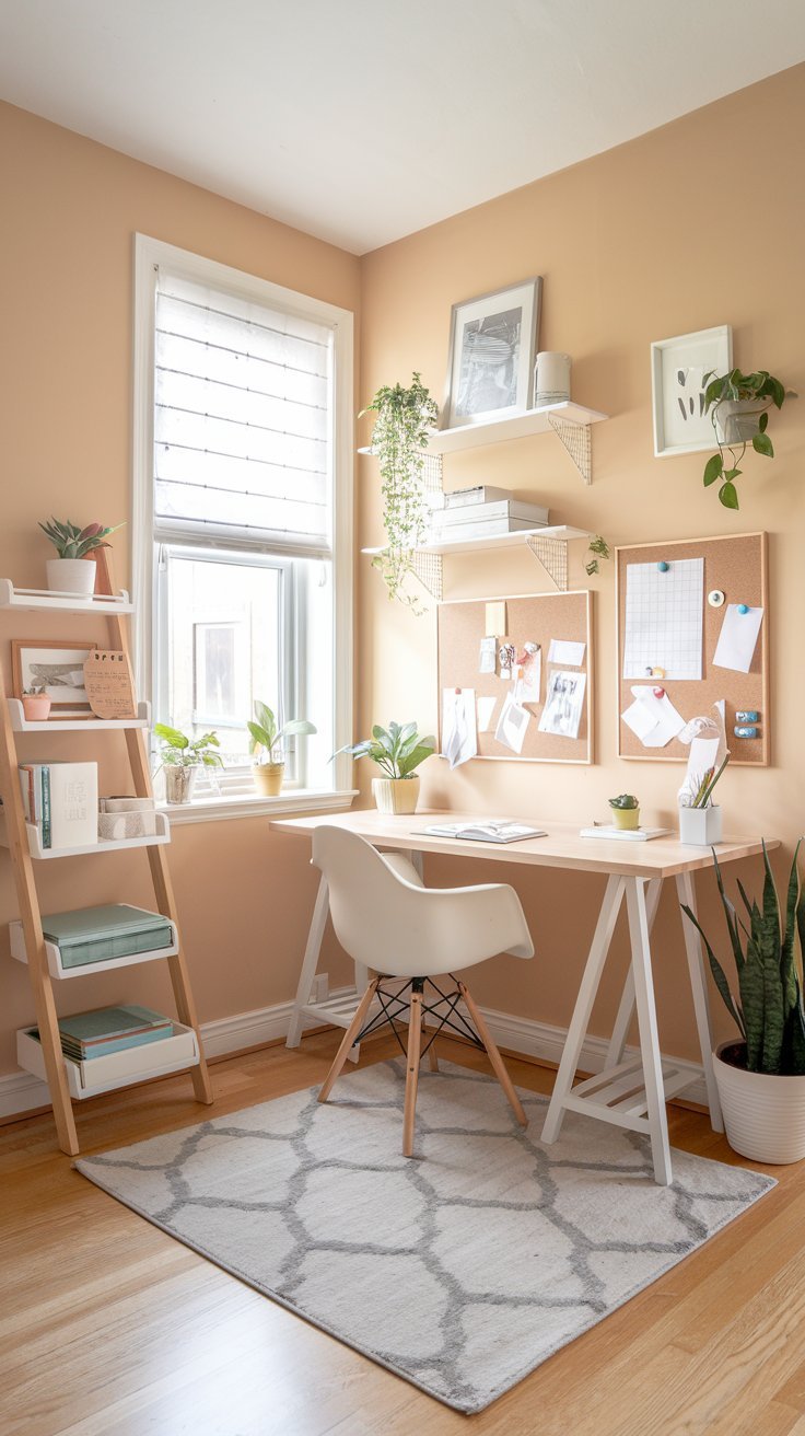 Bureau d angle avec tableau en liège et étagère échelle dans une chambre