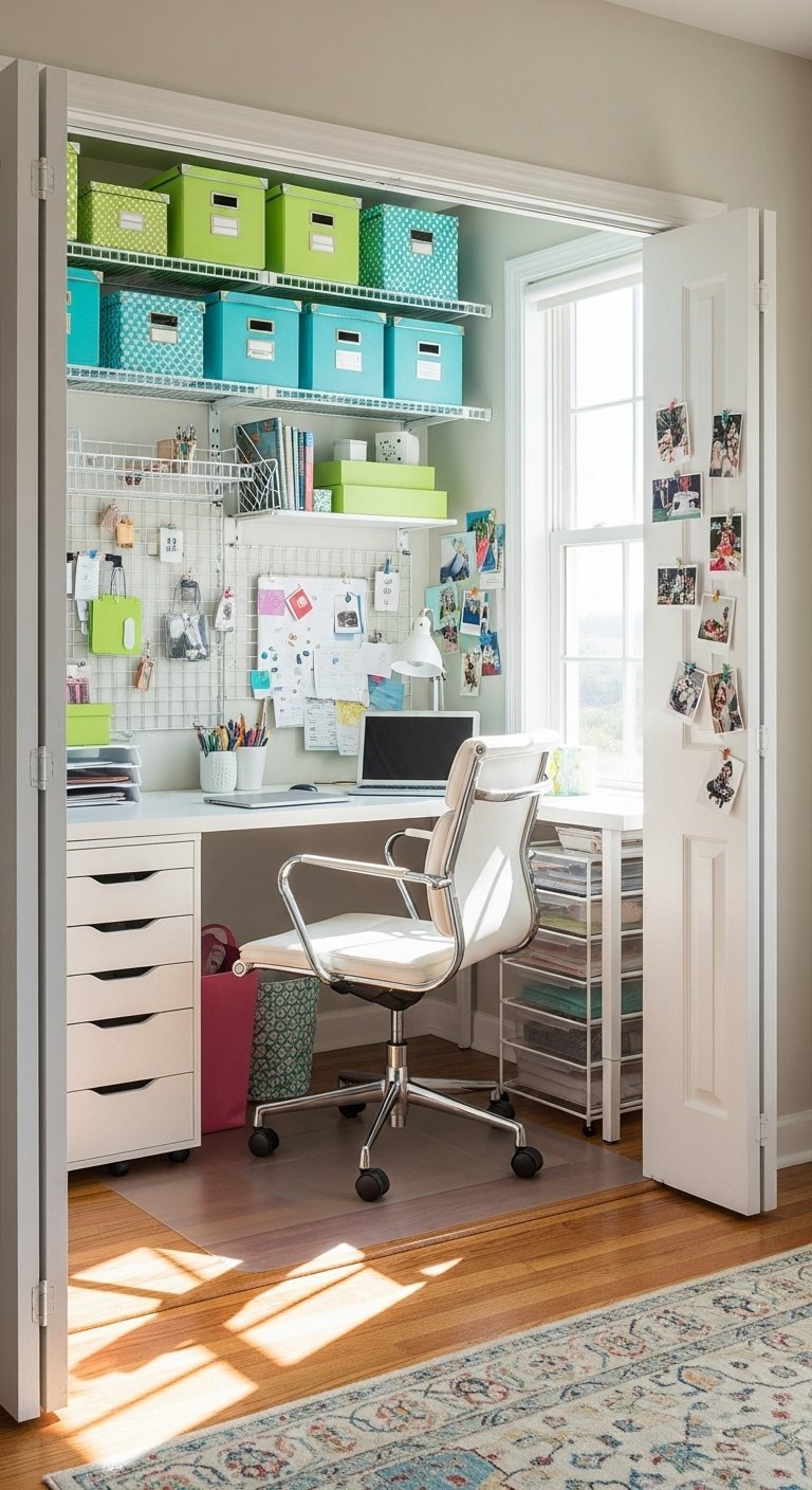 Bureau dans un placard avec boîtes de rangement colorées et panneau grillagé