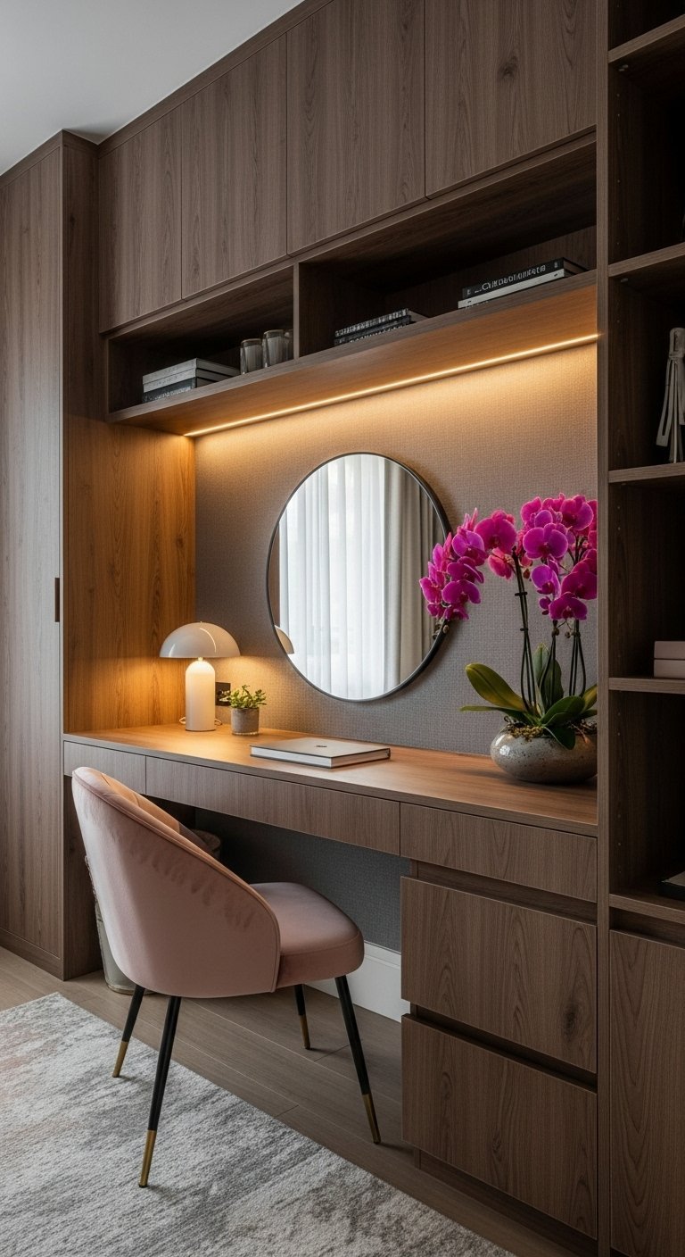 Bureau en bois intégré avec chaise en velours rose et miroir rond