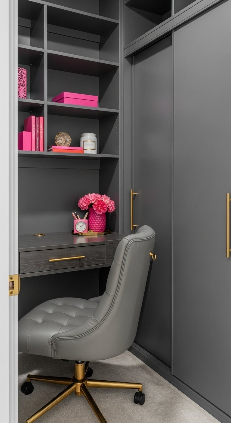 Bureau gris foncé avec des touches de rose vif et des poignées dorées