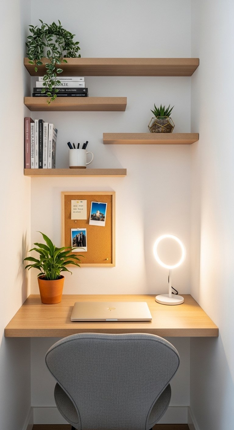 Bureau intégré dans une niche avec des étagères flottantes en bois et une lampe annulaire