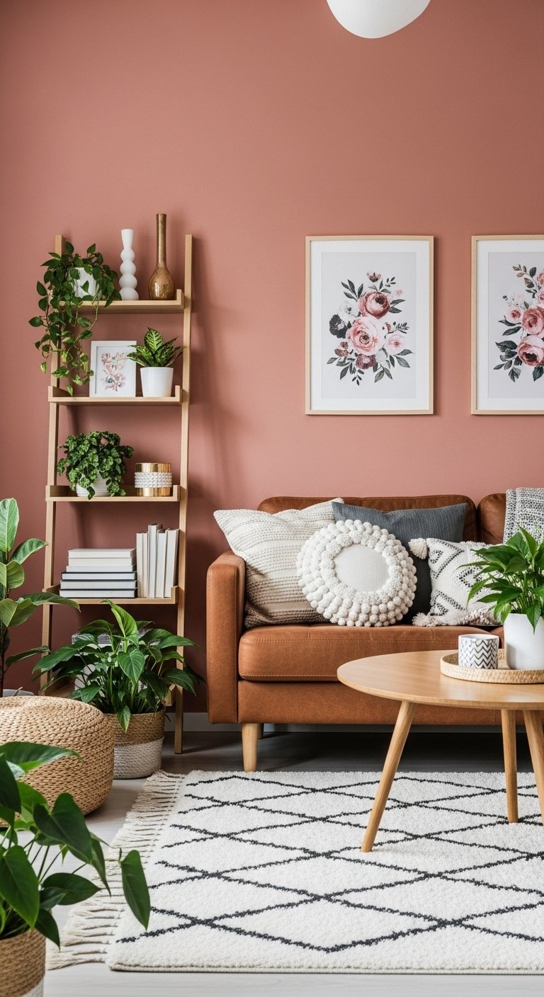 Canape en cuir marron devant un mur terracotta avec des plantes vertes