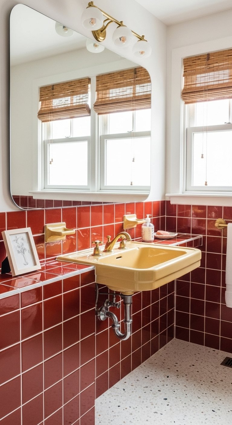 Carrelage terracotta rouge avec lavabo jaune rétro et robinetterie dorée