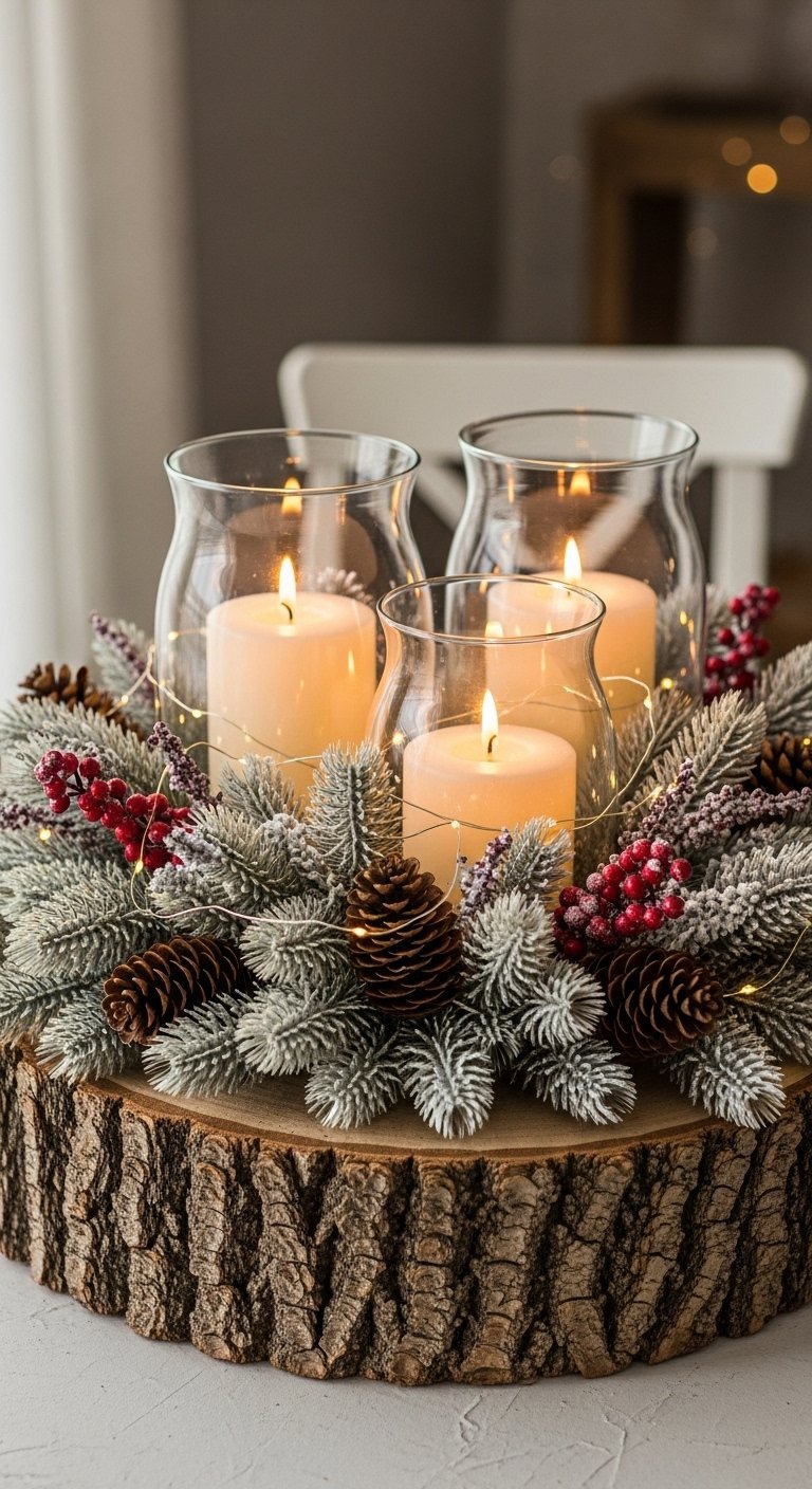 Centre de table rustique sur une rondelle de bois avec bougies et pin