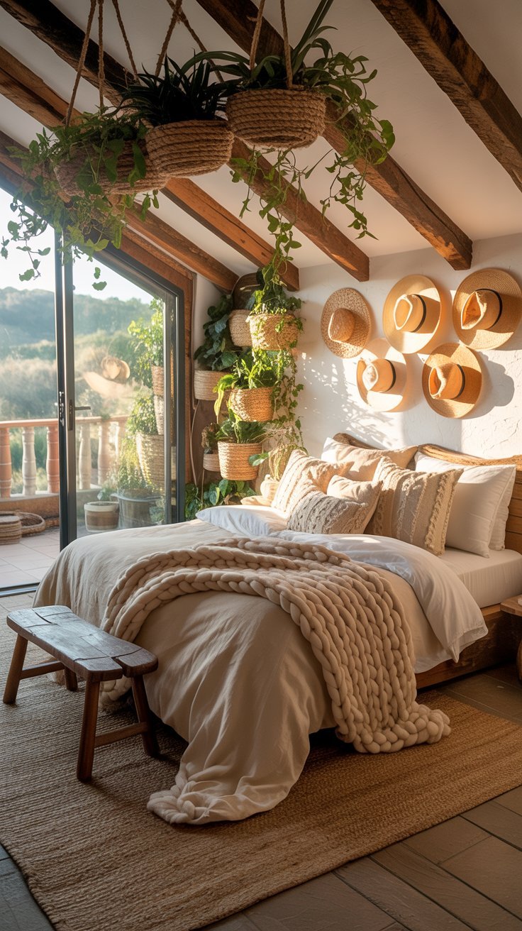 Chambre bohème sous les toits avec poutres apparentes et plaid en grosse maille