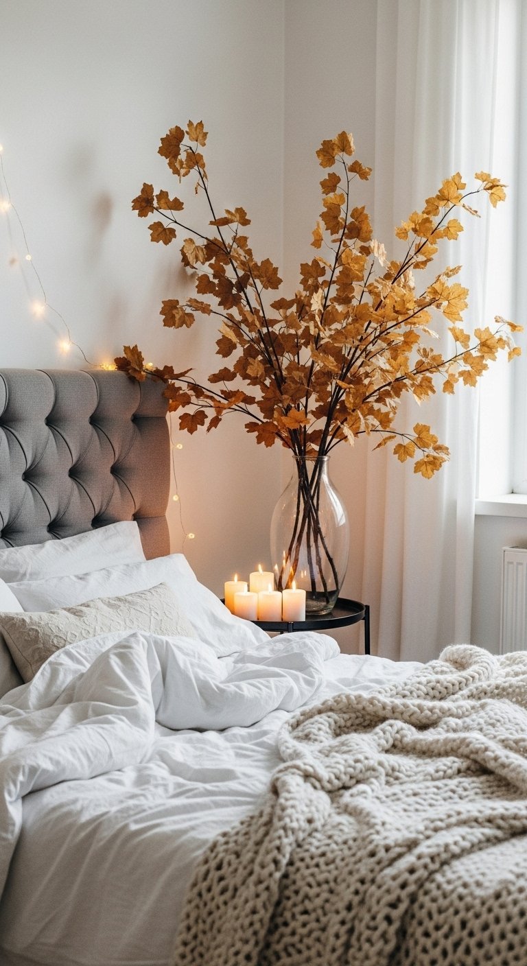 Chambre confortable avec une tête de lit grise et un vase de branches d automne