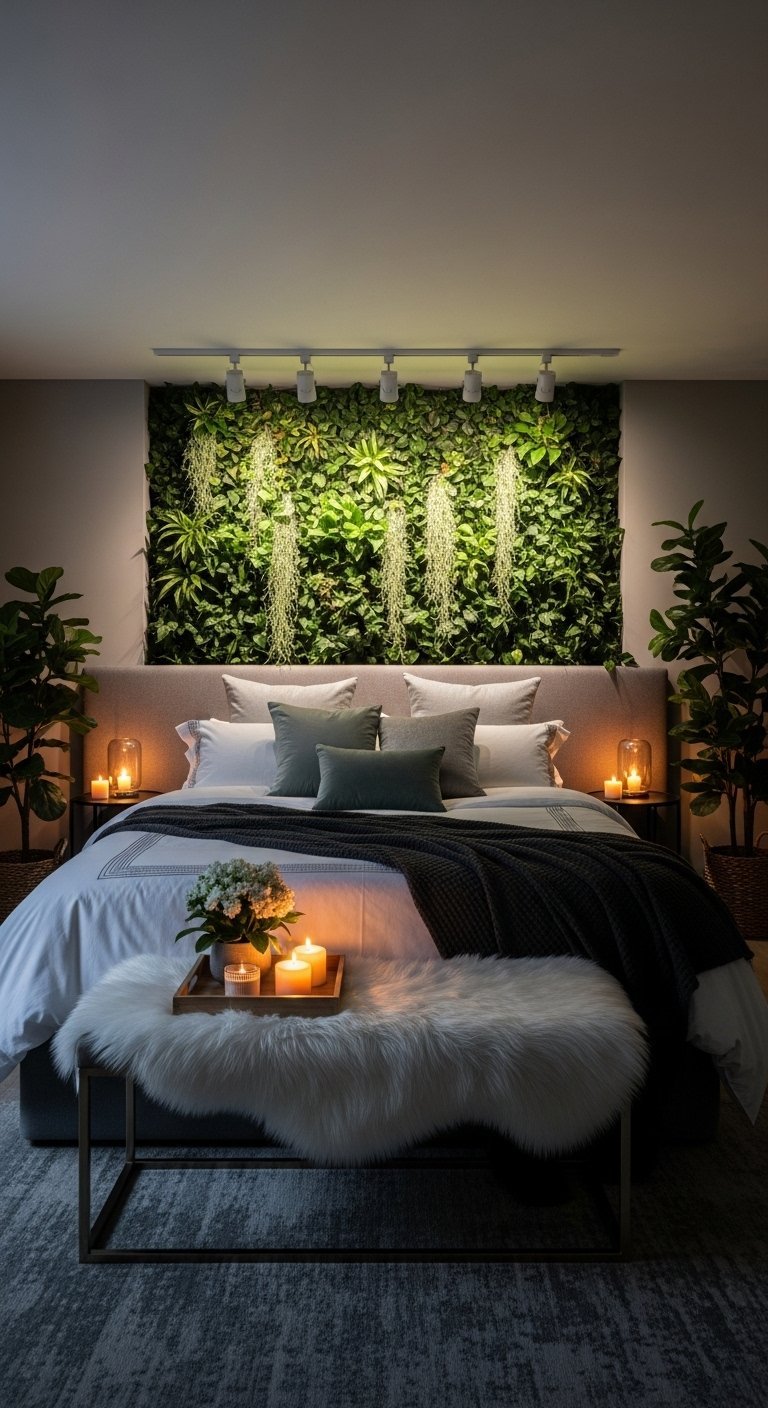 Chambre relaxante avec grand mur végétal derrière le lit