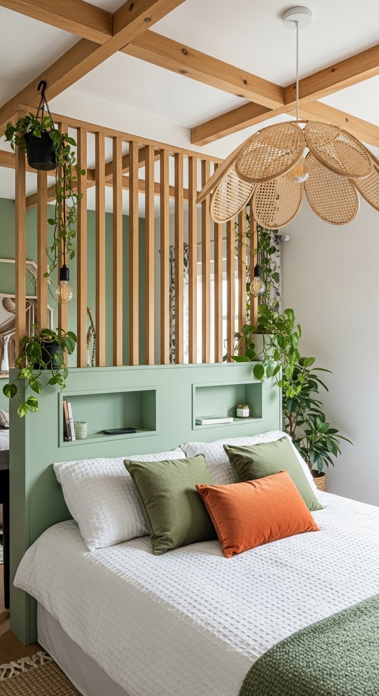 Claustra en bois servant de tête de lit dans une chambre vert sauge