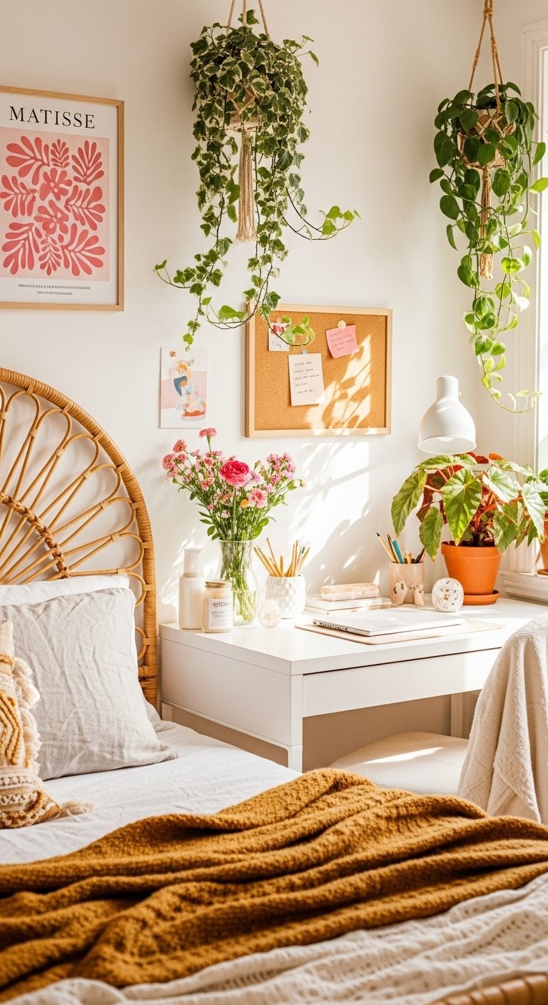 Coin bureau blanc à côté du lit avec tête de lit en rotin