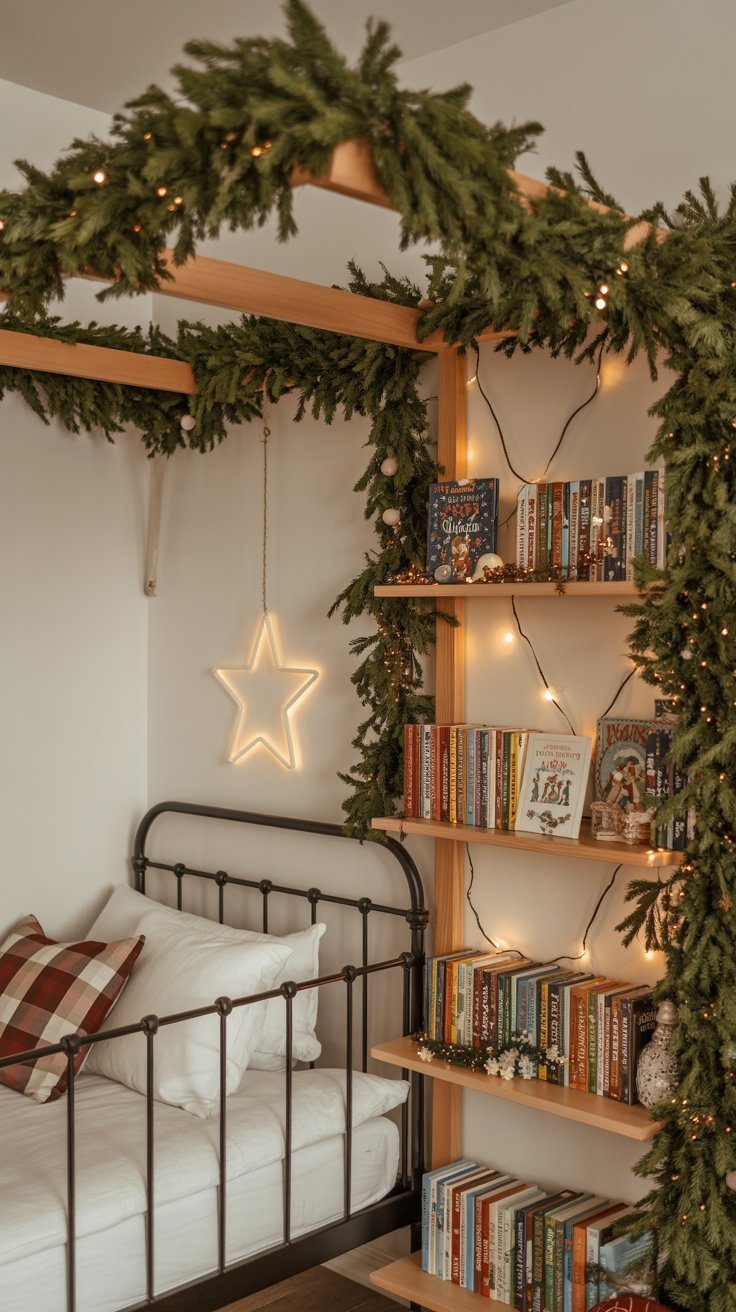 Coin lecture avec lit en fer forgé et étagères décorées pour Noël