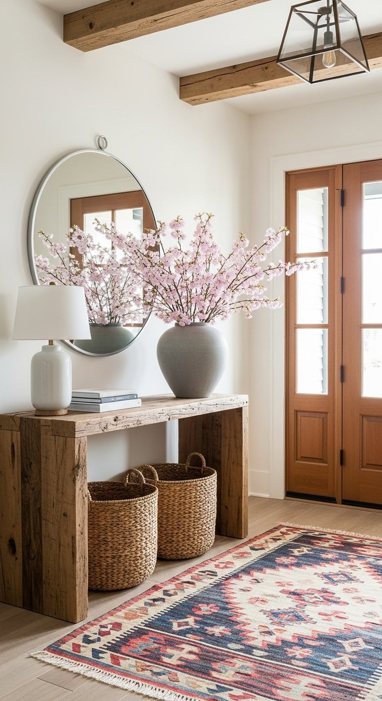 Console d entrée en bois rustique avec grand miroir rond et fleurs