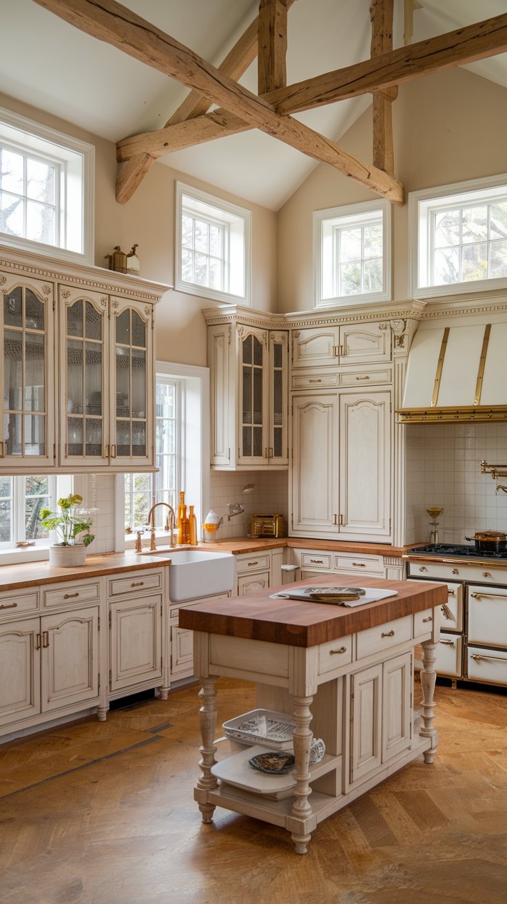 Cuisine rustique chic avec poutres apparentes et îlot central en bois