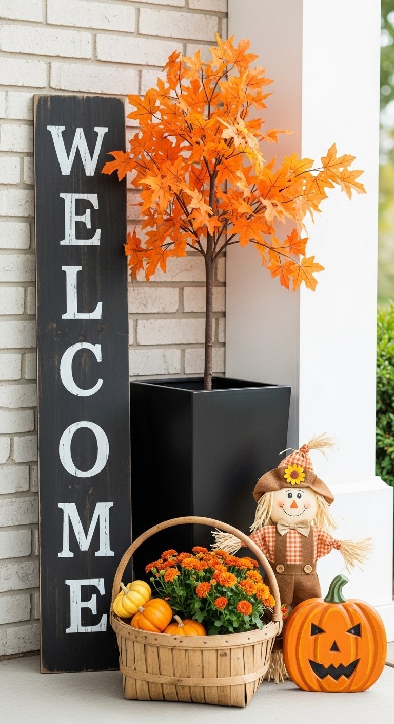 Decoration de porche d automne avec panneau welcome et epouvantail