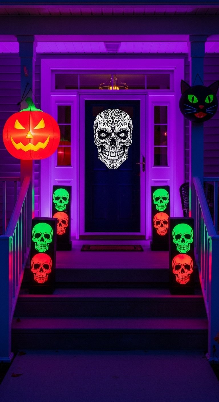 Entrée de maison avec éclairage néon violet et décorations de crânes lumineux