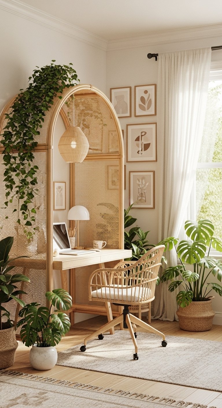 Espace bureau délimité par un paravent en cannage avec chaise en rotin et plantes vertes