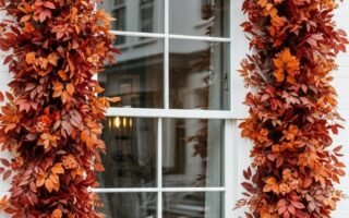Fenetre blanche entierement encadree par une epaisse guirlande de feuilles rouges