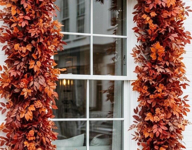 Fenetre blanche entierement encadree par une epaisse guirlande de feuilles rouges