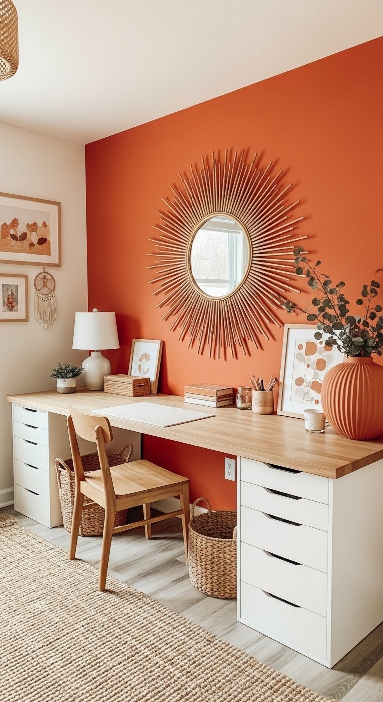 Grand bureau blanc et bois devant un mur orange avec miroir soleil