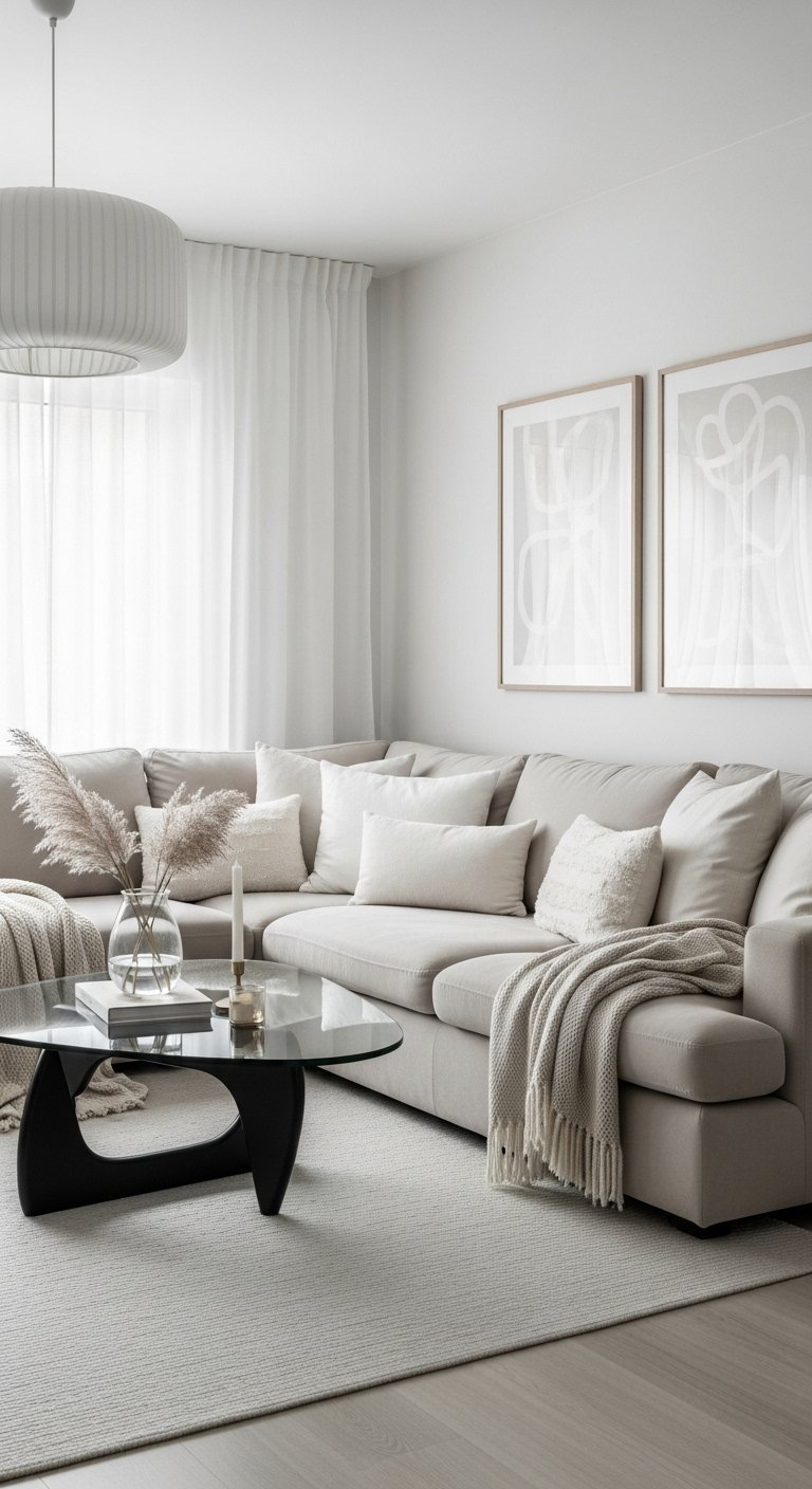 Grand canapé d angle beige clair dans un salon minimaliste et lumineux