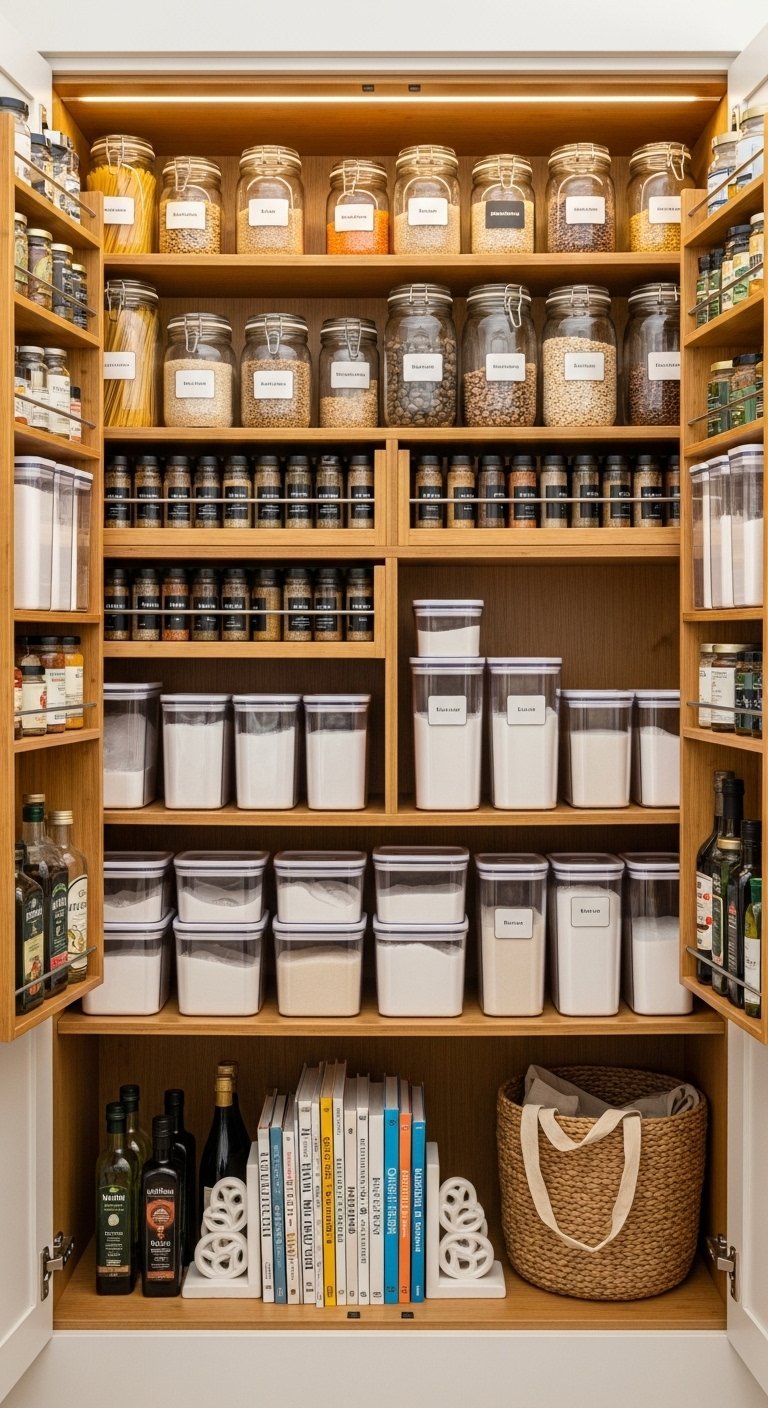 Grand garde manger en bois avec bocaux et boîtes de rangement étiquetés