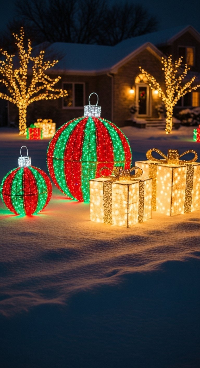 Grandes décorations lumineuses en forme de boule de Noël et de cadeaux dans la neige la nuit