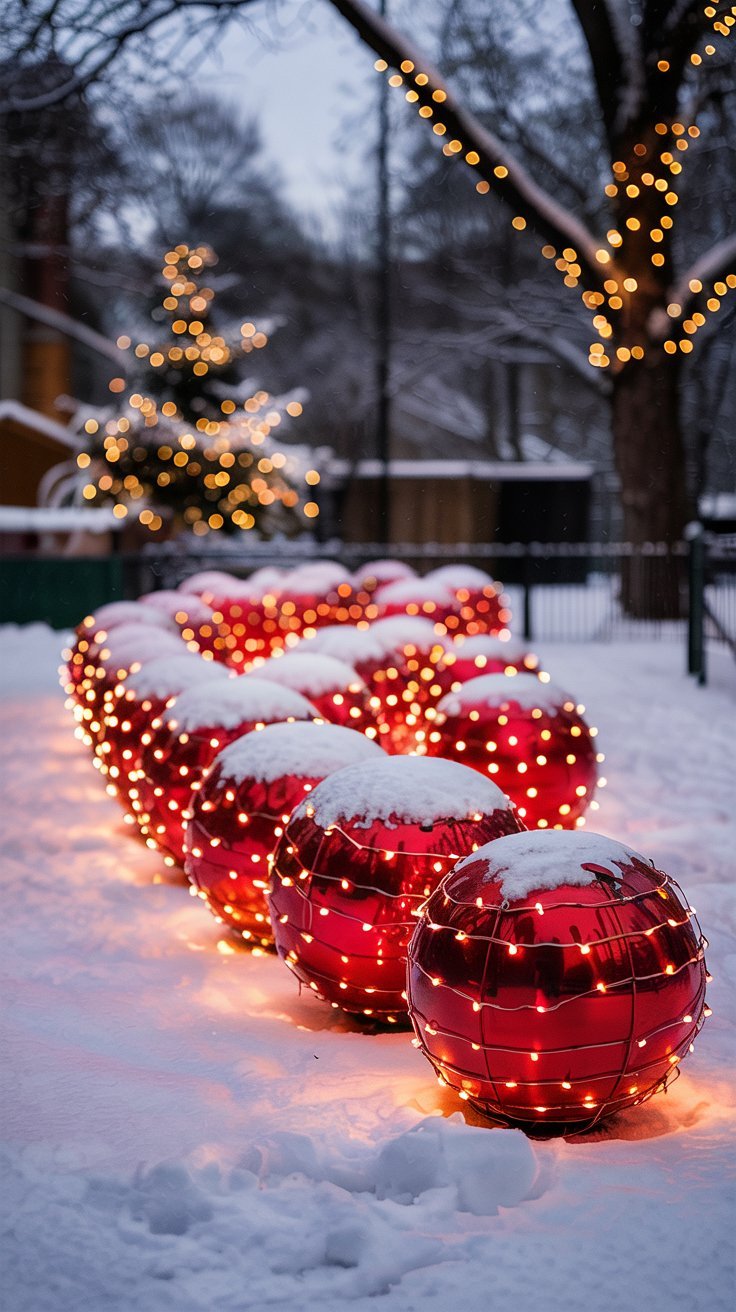 Grosses boules de Noel rouges et lumineuses alignees dans la neige