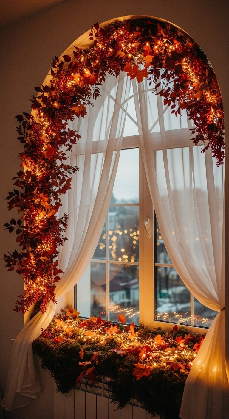 Guirlande de feuilles rouges lumineuses autour d une fenêtre cintrée avec voilages
