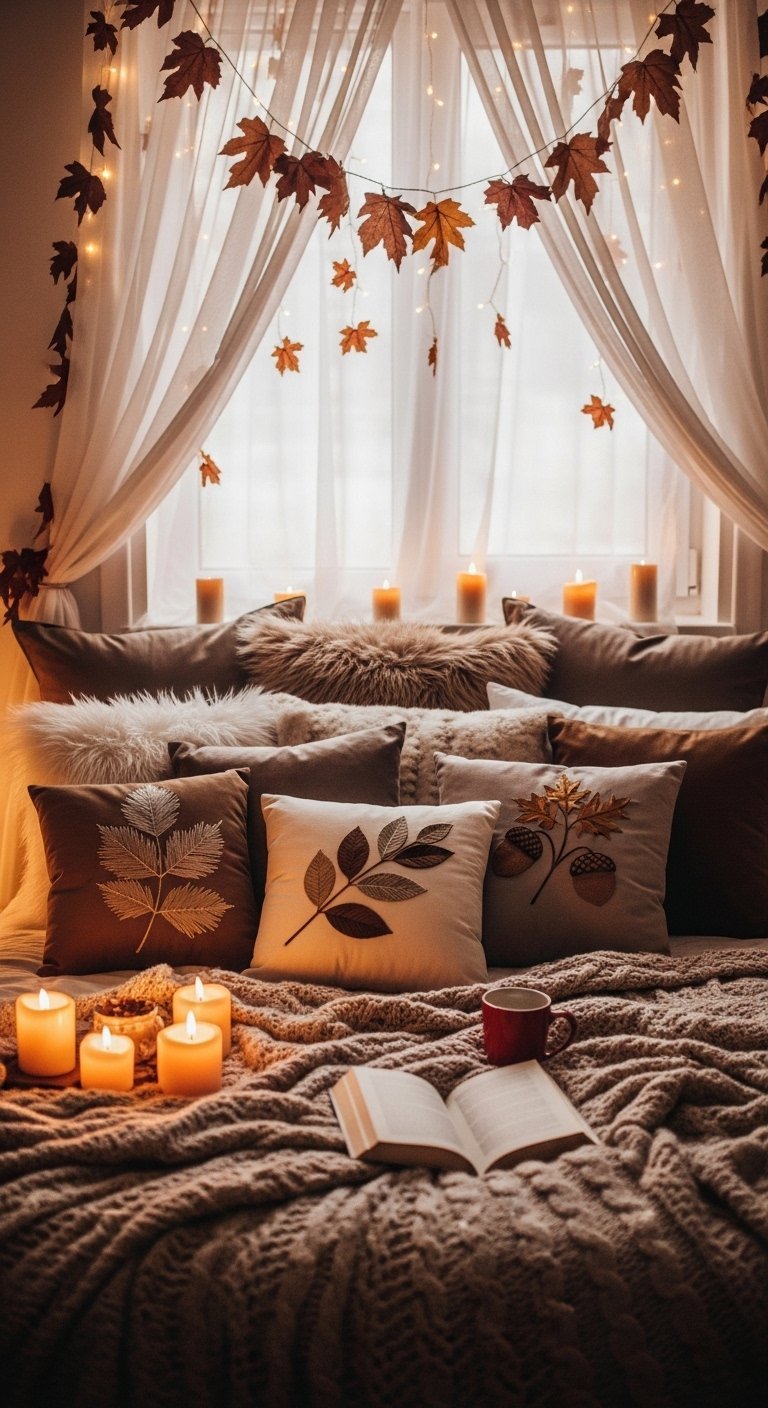 Lit confortable avec des coussins brodes de feuilles devant une fenetre avec des bougies