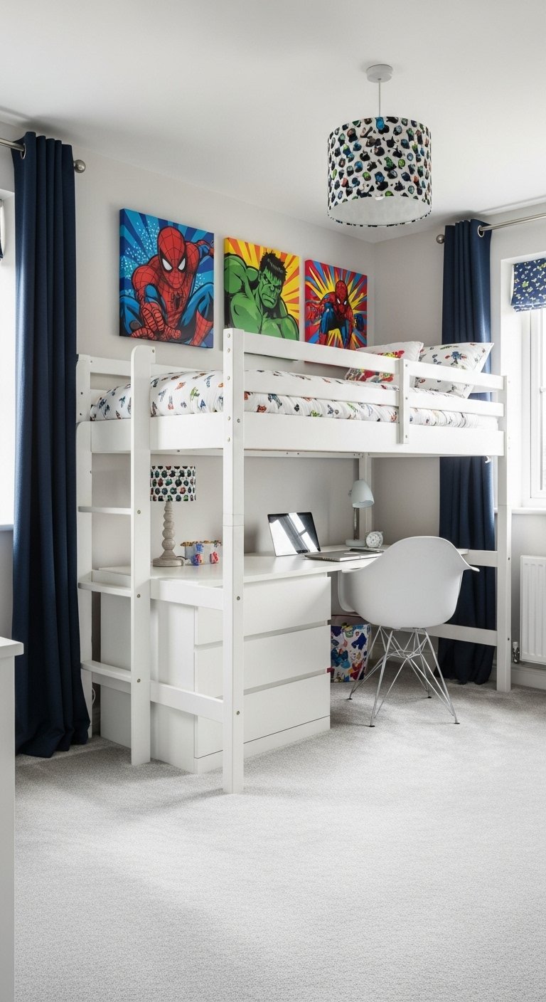Lit surélevé blanc avec bureau intégré en dessous pour chambre d enfant