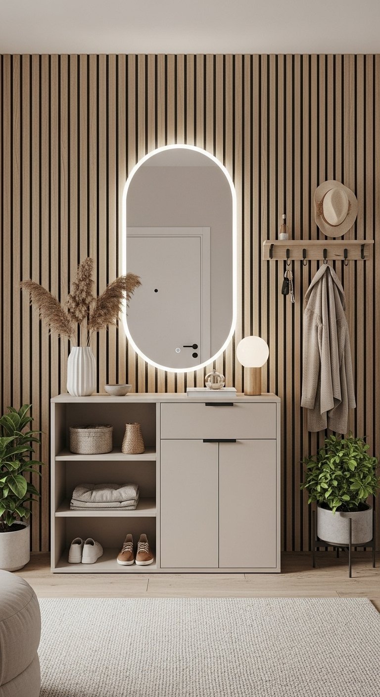 Meuble d entree beige avec miroir ovale eclaire et mur a tasseaux de bois clair