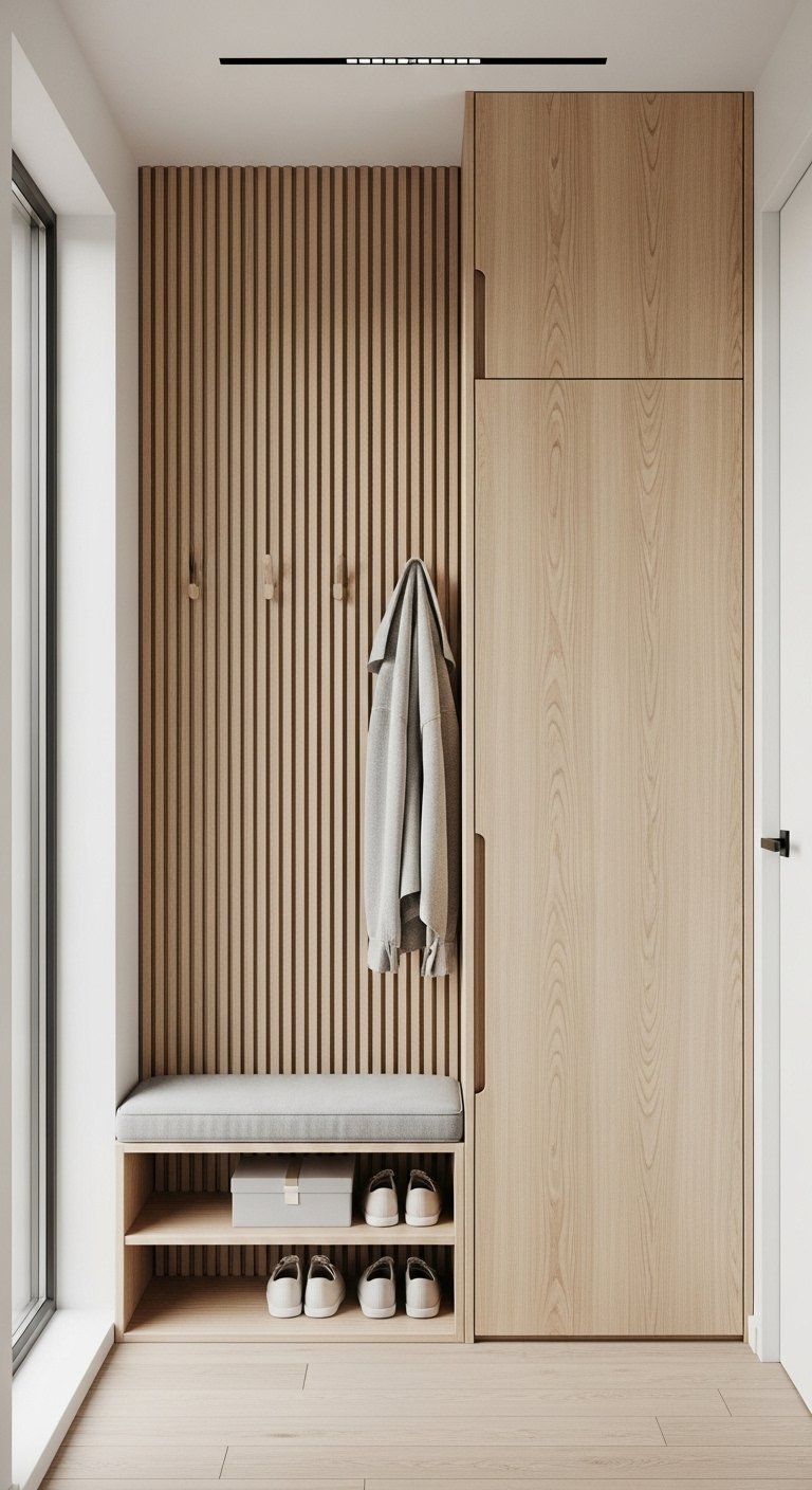 Meuble entree moderne en bois clair avec tasseaux et banc