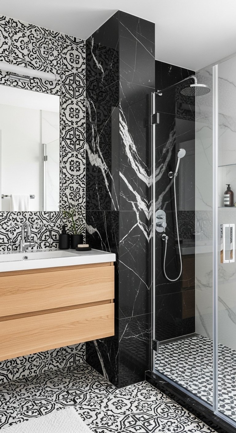 Mur de douche en marbre noir contrastant avec du carrelage à motifs