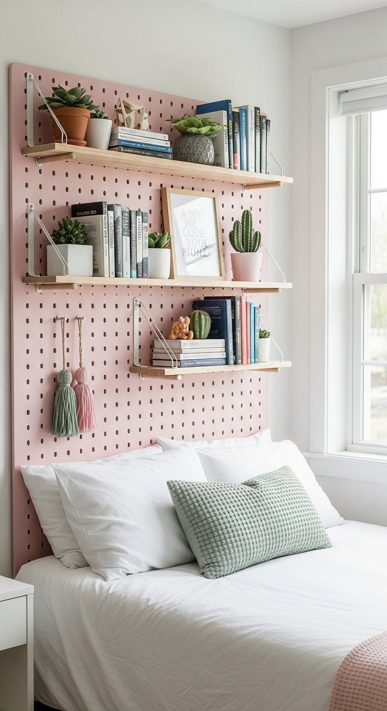 Panneau perfore rose utilise comme tete de lit avec etageres de rangement