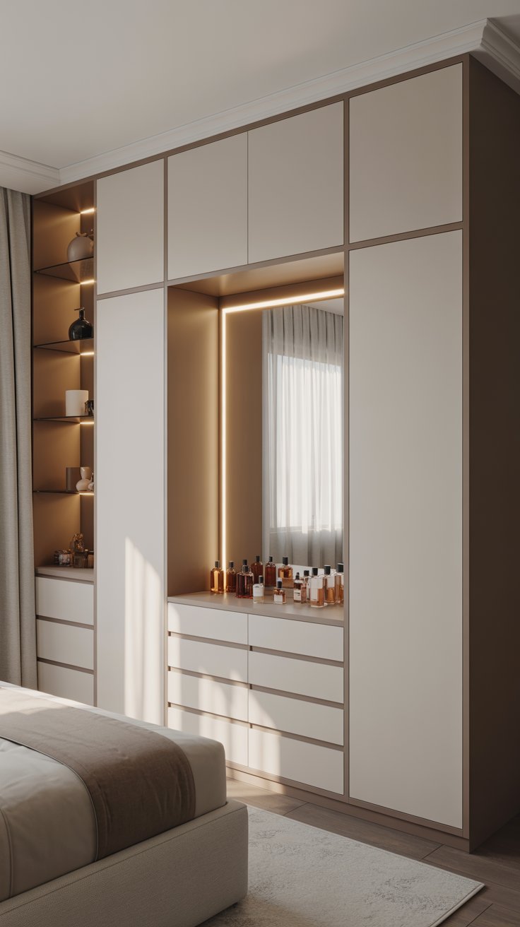 Penderie beige avec coiffeuse et miroir éclairé intégrés