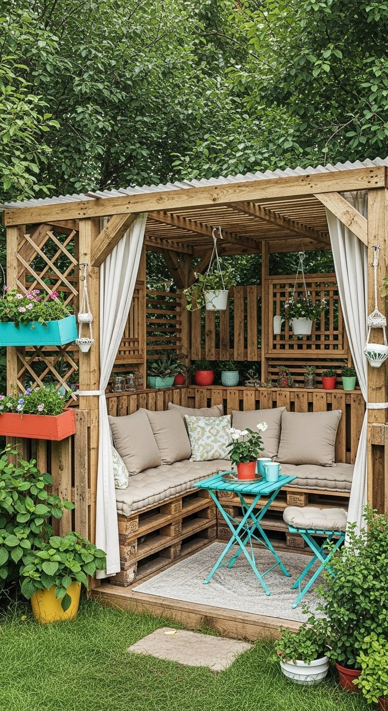 Pergola en palettes de bois avec rideaux et mobilier DIY
