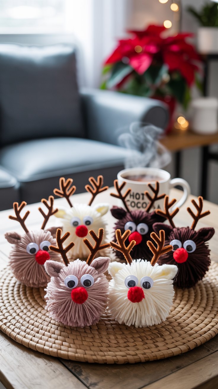 Petits rennes de noel fabriqués avec des pompons en laine