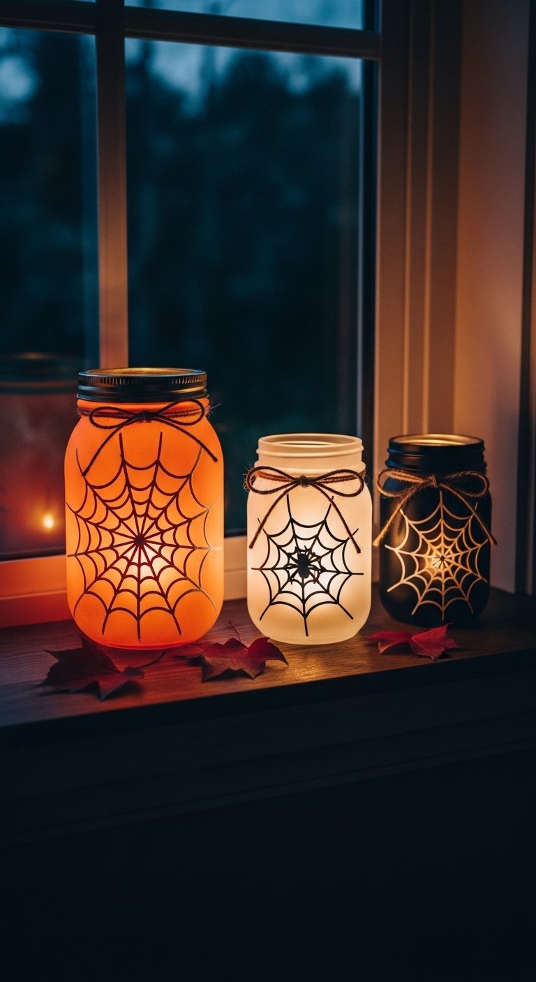 Photophores en verre avec des motifs de toile d araignee sur un rebord de fenetre