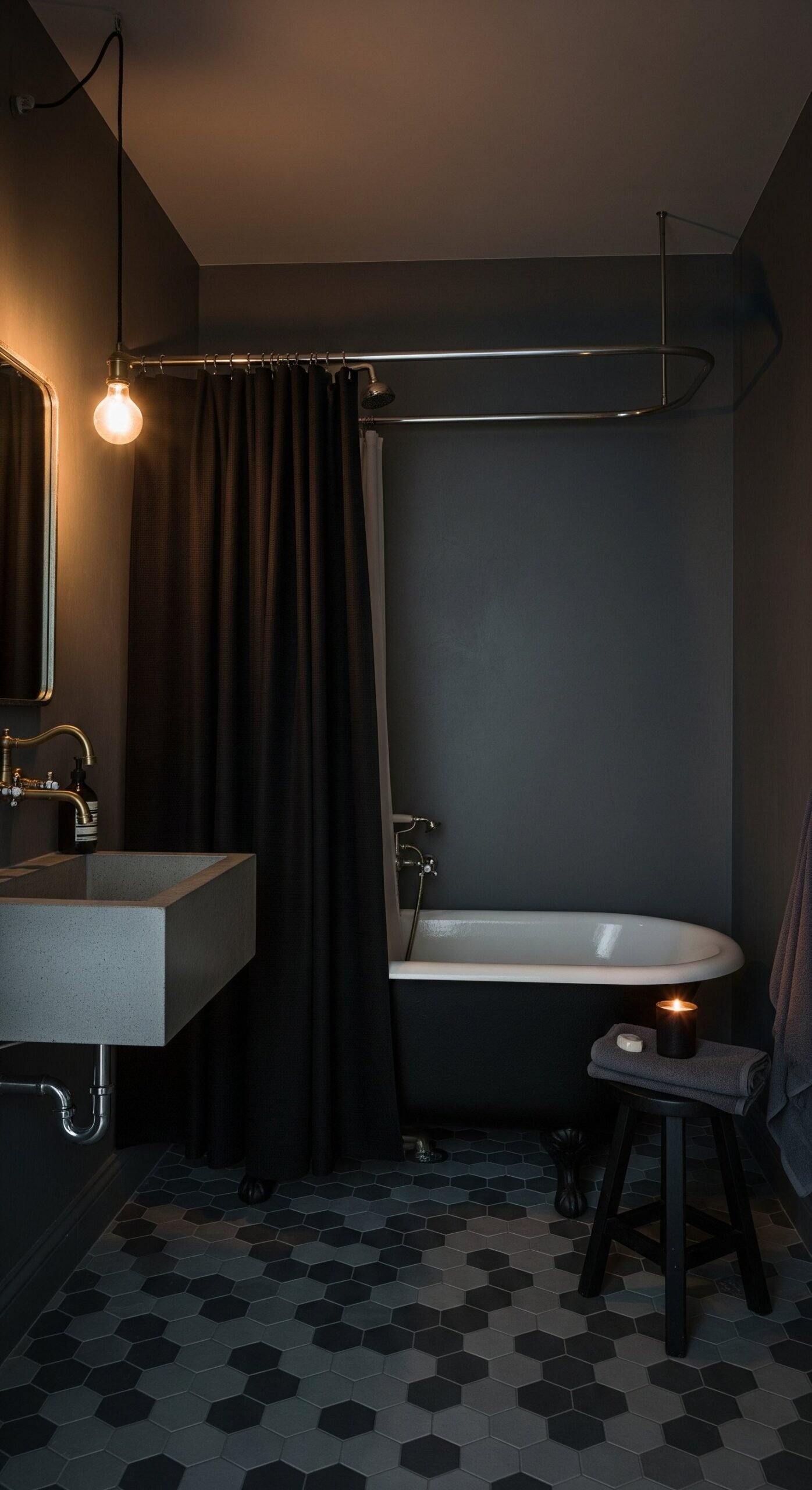 Salle de bain sombre et intimiste avec murs noirs et lavabo en béton