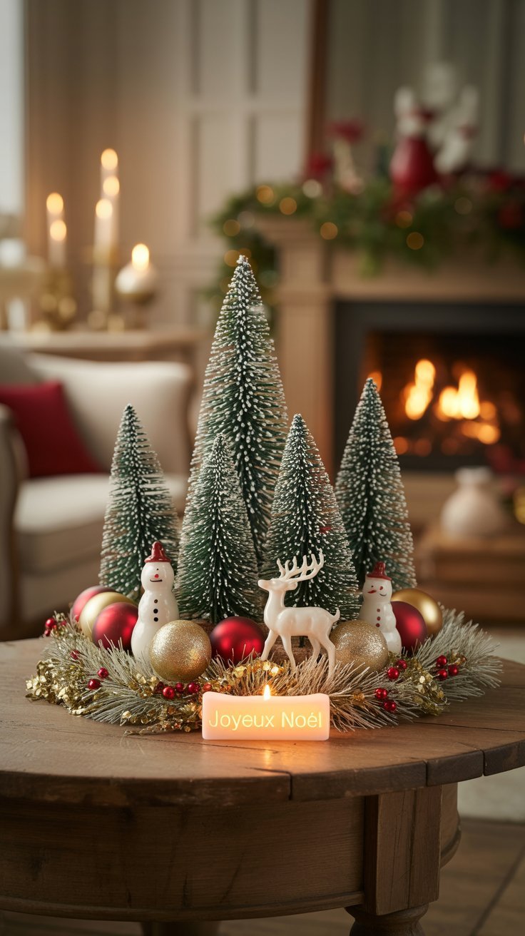 Scène de noel miniature avec cerf et bonhomme de neige sur table en bois